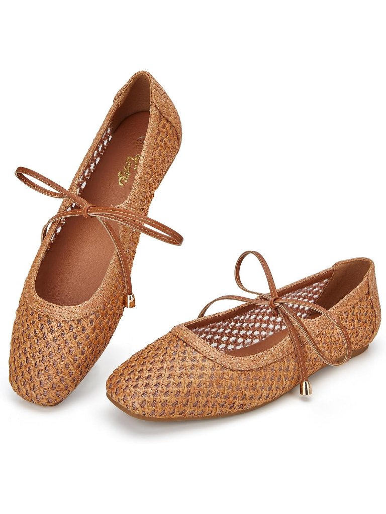 Women's Brown Rubber Woven Flats Square Toe Lace Up Ballet Breathable Shoes
